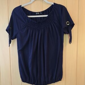 Chic Navy Women's Blouse with Sleeve Accents